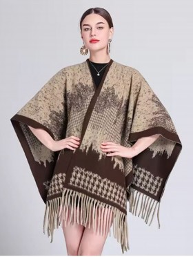 Premium Soft Abstract Patterned Cape W/ Fringes